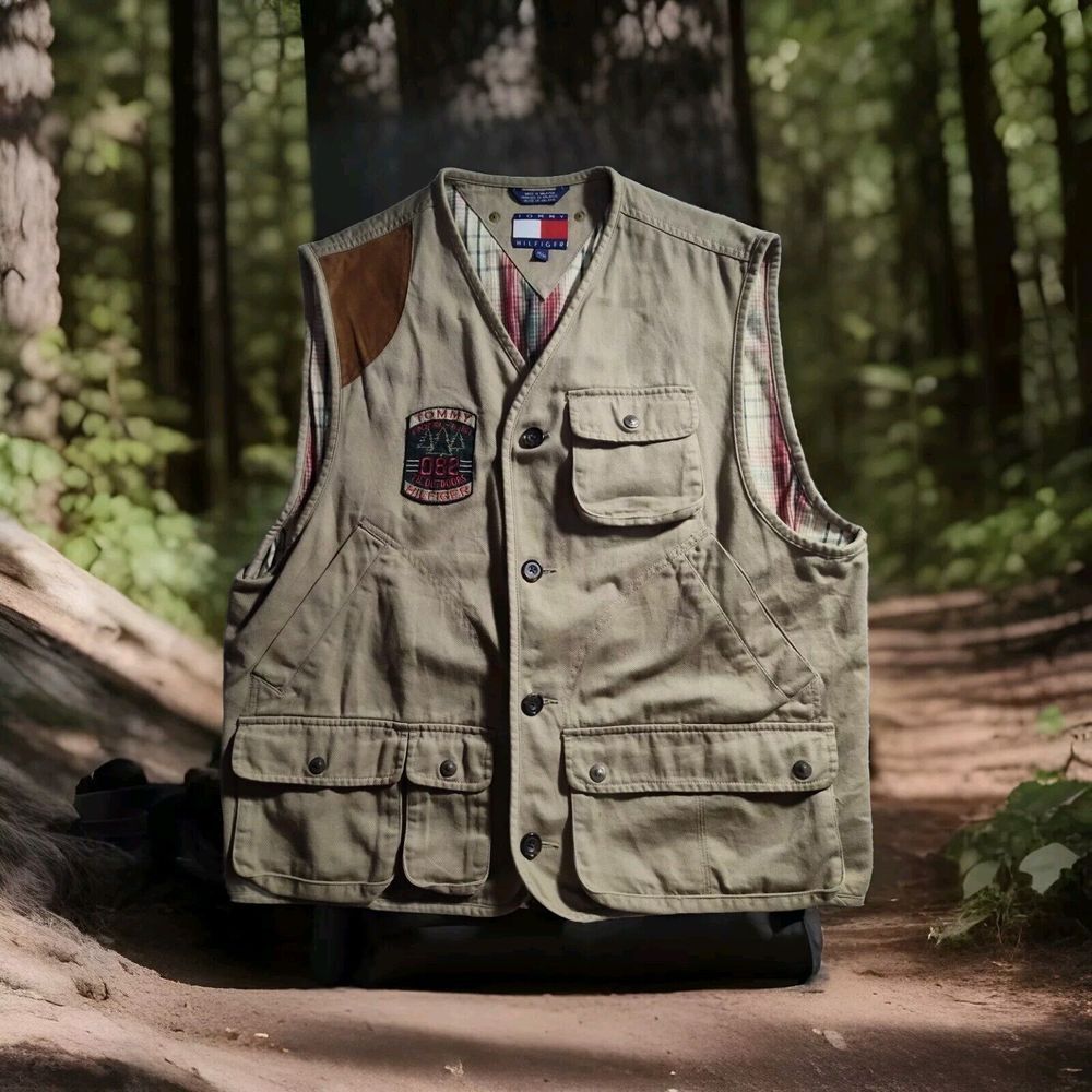 Tommy Hilfiger Medium MOUNTAIN OUTDOORS PATCH Expedition Patrol Plaid Vest 853